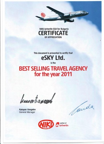 eSKY.bg – Fly Niki Best Selling Agent 2011